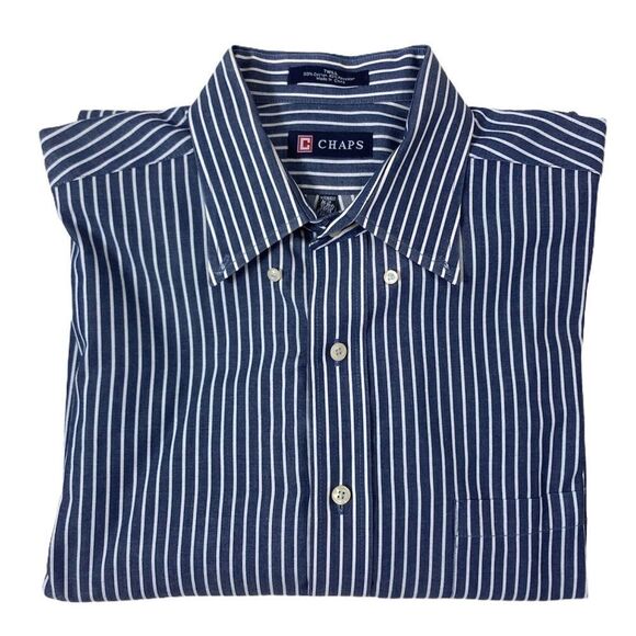 Chaps Mens Striped Twill No Wrinkle Button Down Long Sleeve Shirt Large 16/16.5 - Picture 1 of 11